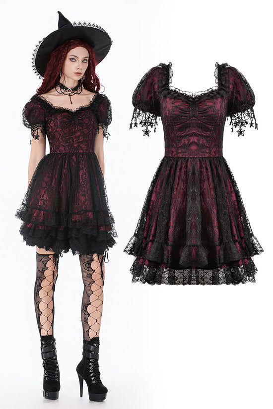 Dark in Love Dress Burgundy and Black Lace Princess with Stars Lace - QHA UK