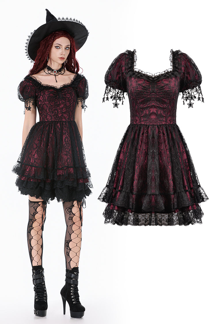Dark in Love Dress Burgundy and Black Lace Princess with Stars Lace - QHA UK