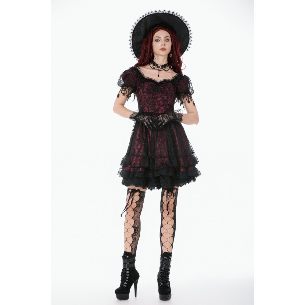 Dark in Love Dress Burgundy and Black Lace Princess with Stars Lace - QHA UK