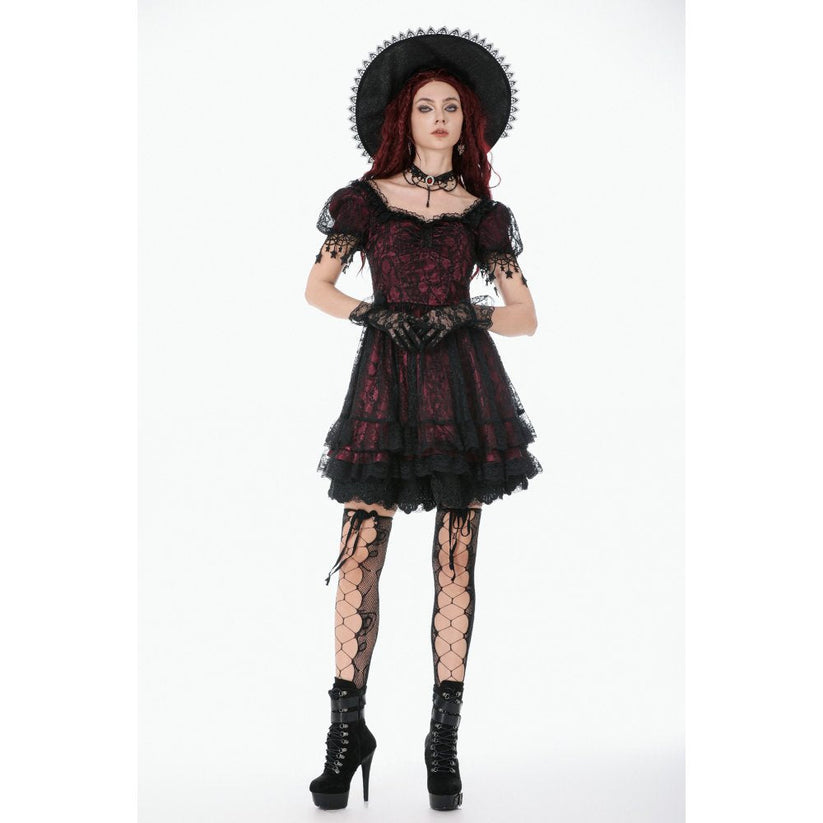Dark in Love Dress Burgundy and Black Lace Princess with Stars Lace - QHA UK