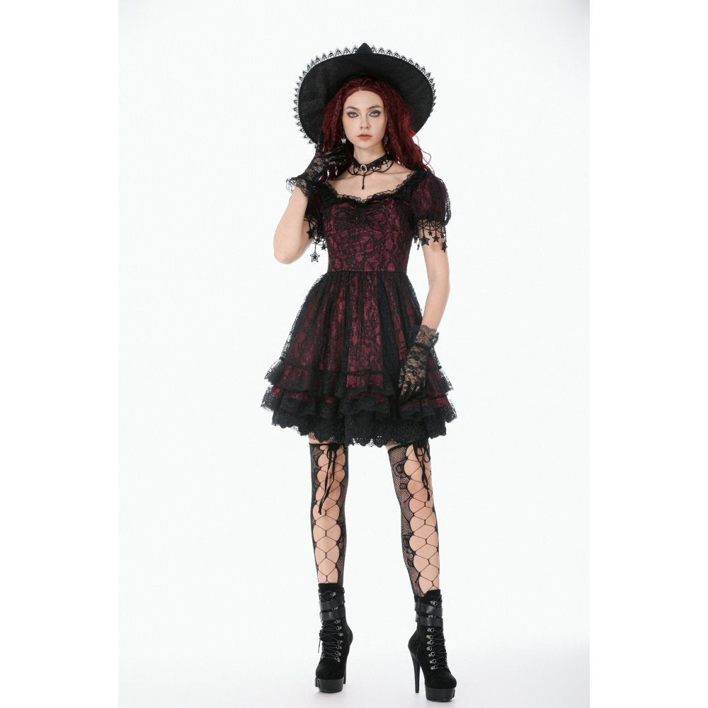 Dark in Love Dress Burgundy and Black Lace Princess with Stars Lace - QHA UK