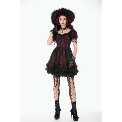 Dark in Love Dress Burgundy and Black Lace Princess with Stars Lace - QHA UK
