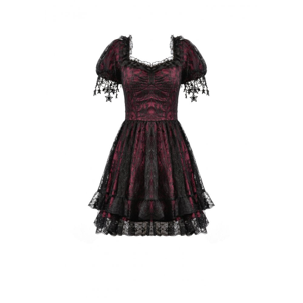 Dark in Love Dress Burgundy and Black Lace Princess with Stars Lace - QHA UK