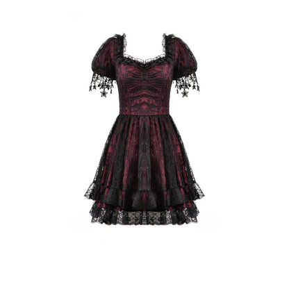 Dark in Love Dress Burgundy and Black Lace Princess with Stars Lace - QHA UK