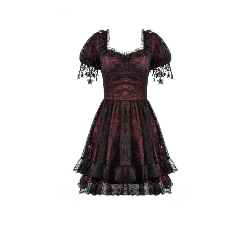 Dark in Love Dress Burgundy and Black Lace Princess with Stars Lace - QHA UK