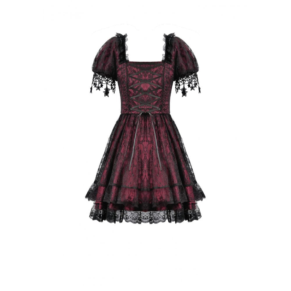 Dark in Love Dress Burgundy and Black Lace Princess with Stars Lace - QHA UK