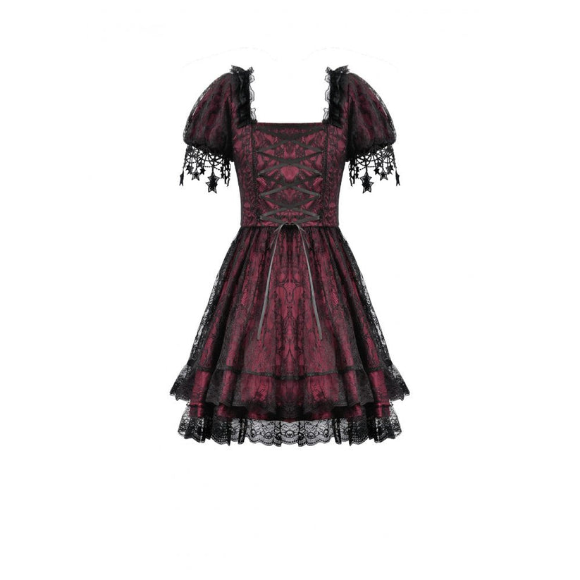 Dark in Love Dress Burgundy and Black Lace Princess with Stars Lace - QHA UK