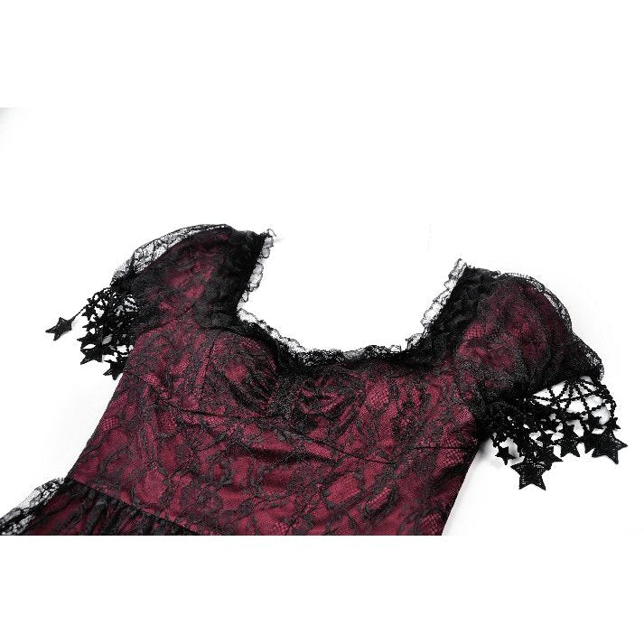 Dark in Love Dress Burgundy and Black Lace Princess with Stars Lace - QHA UK