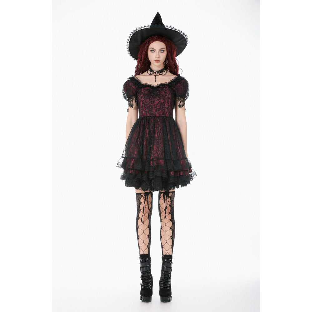 Dark in Love Dress Burgundy and Black Lace Princess with Stars Lace - QHA UK
