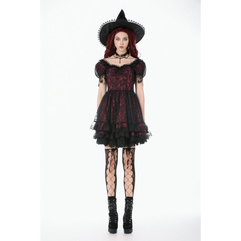 Dark in Love Dress Burgundy and Black Lace Princess with Stars Lace - QHA UK