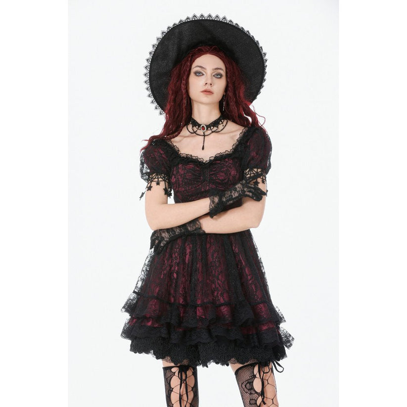 Dark in Love Dress Burgundy and Black Lace Princess with Stars Lace - QHA UK