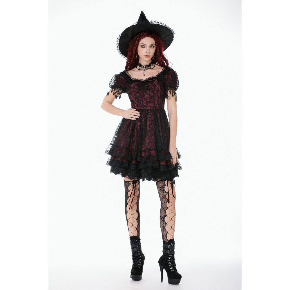 Dark in Love Dress Burgundy and Black Lace Princess with Stars Lace - QHA UK