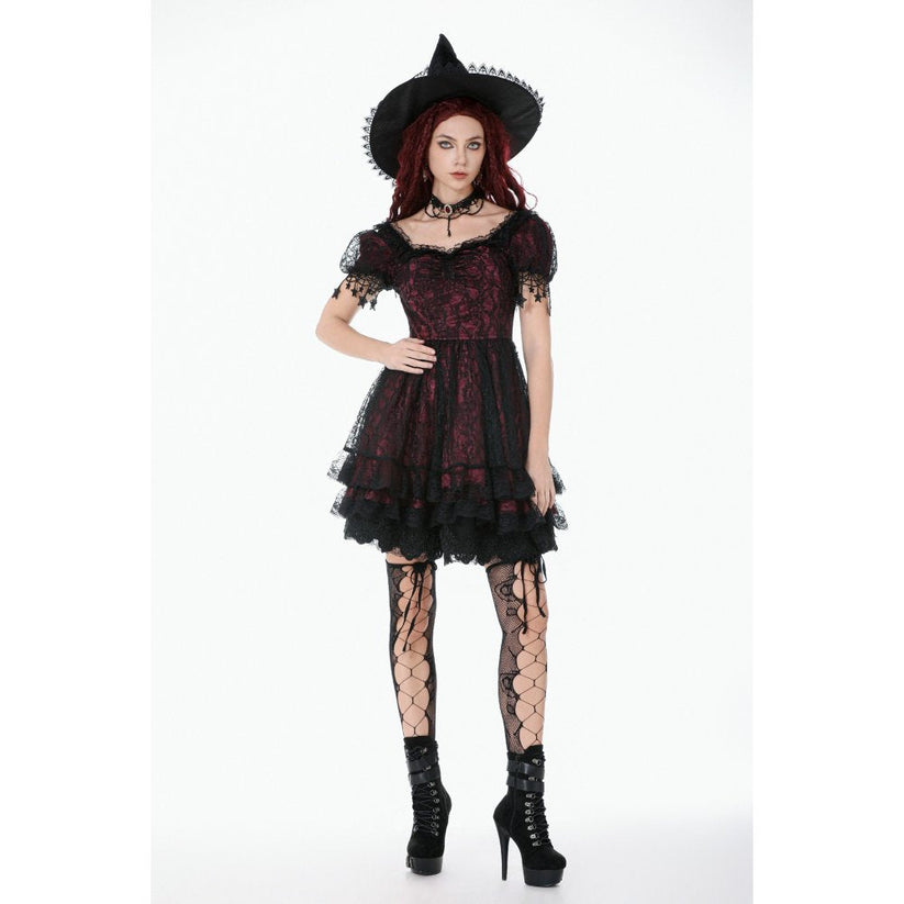 Dark in Love Dress Burgundy and Black Lace Princess with Stars Lace - QHA UK