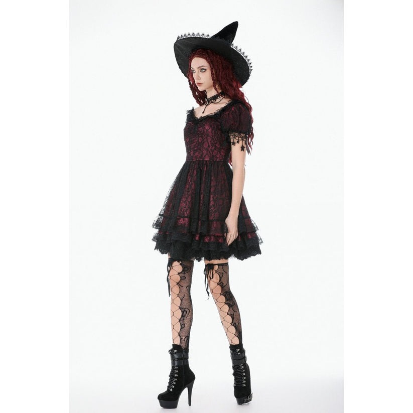 Dark in Love Dress Burgundy and Black Lace Princess with Stars Lace - QHA UK