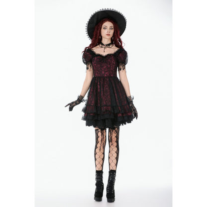 Dark in Love Dress Burgundy and Black Lace Princess with Stars Lace - QHA UK