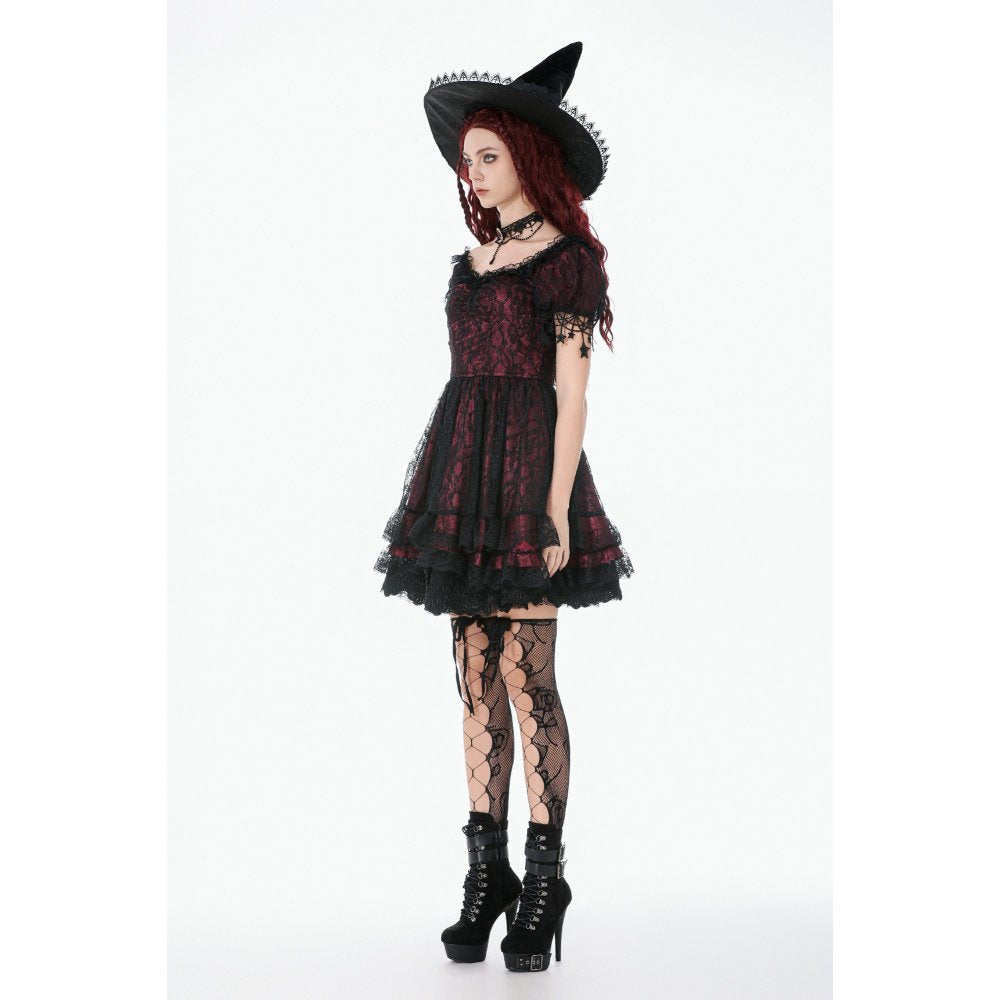 Dark in Love Dress Burgundy and Black Lace Princess with Stars Lace - QHA UK
