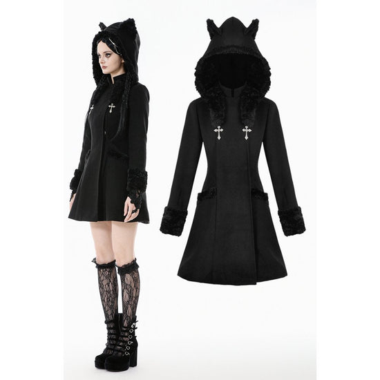 Dark in Love Gothic Coat Cat-Ear Faux Fur Trim UK 8-18 - QHA UK