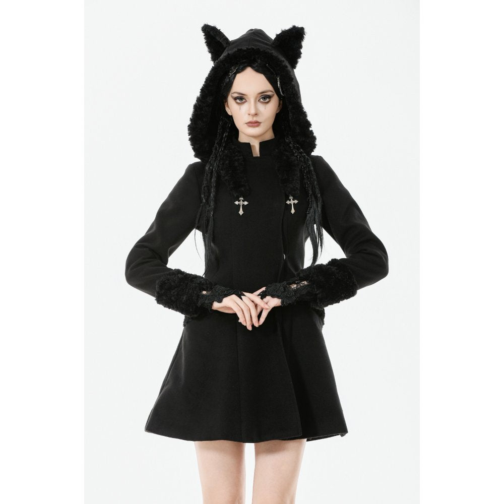 Dark in Love Gothic Coat Cat-Ear Faux Fur Trim UK 8-18 - QHA UK
