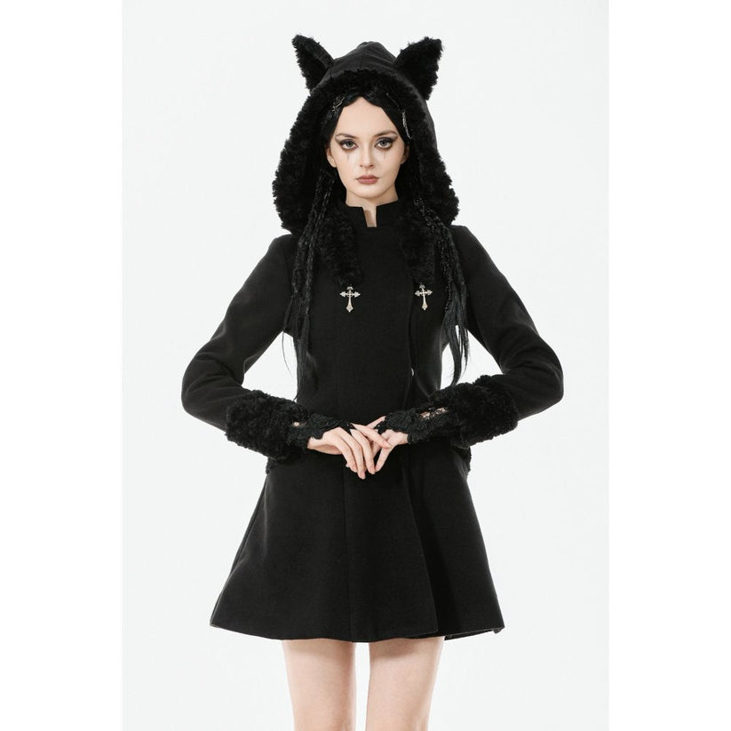Dark in Love Gothic Coat Cat-Ear Faux Fur Trim UK 8-18 - QHA UK