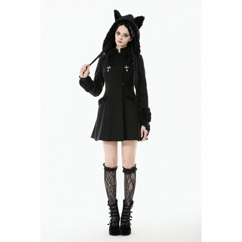Dark in Love Gothic Coat Cat-Ear Faux Fur Trim UK 8-18 - QHA UK