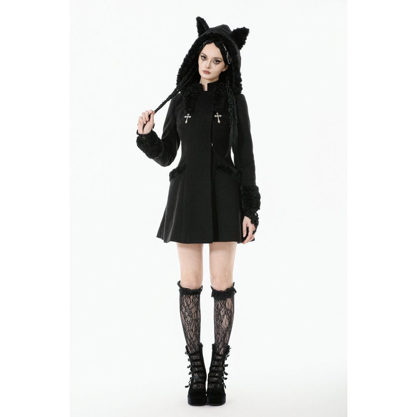 Dark in Love Gothic Coat Cat-Ear Faux Fur Trim UK 8-18 - QHA UK
