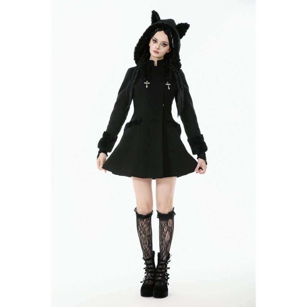Dark in Love Gothic Coat Cat-Ear Faux Fur Trim UK 8-18 - QHA UK
