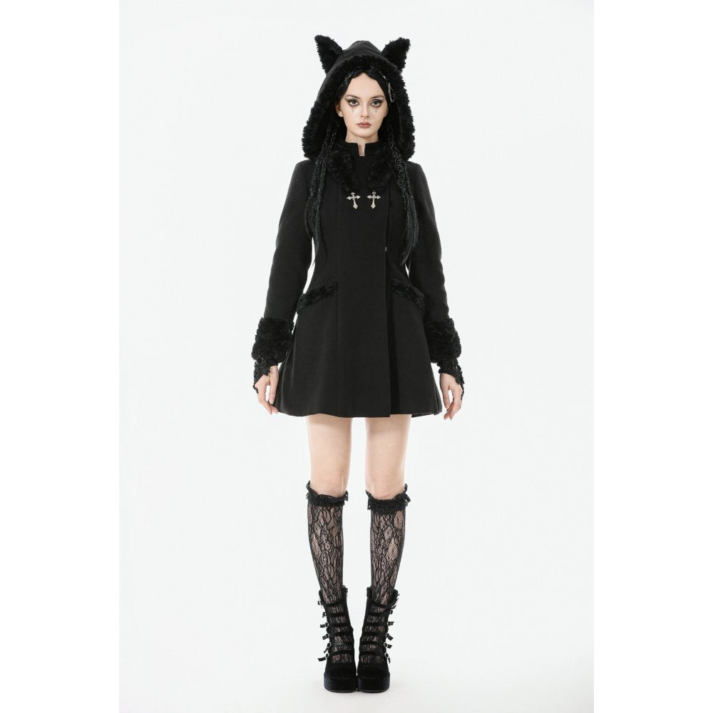 Dark in Love Gothic Coat Cat-Ear Faux Fur Trim UK 8-18 - QHA UK