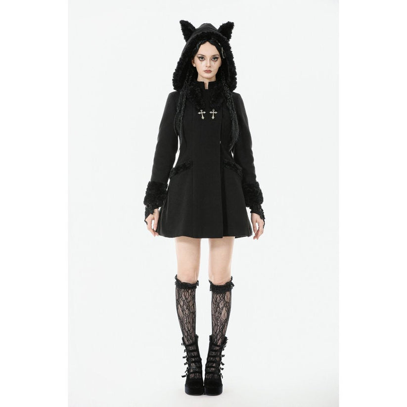 Dark in Love Gothic Coat Cat-Ear Faux Fur Trim UK 8-18 - QHA UK