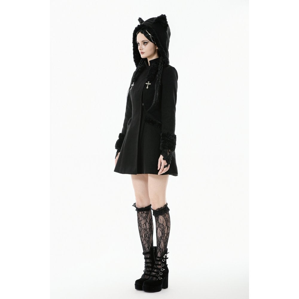 Dark in Love Gothic Coat Cat-Ear Faux Fur Trim UK 8-18 - QHA UK