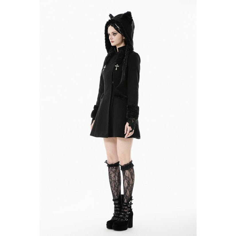 Dark in Love Gothic Coat Cat-Ear Faux Fur Trim UK 8-18 - QHA UK