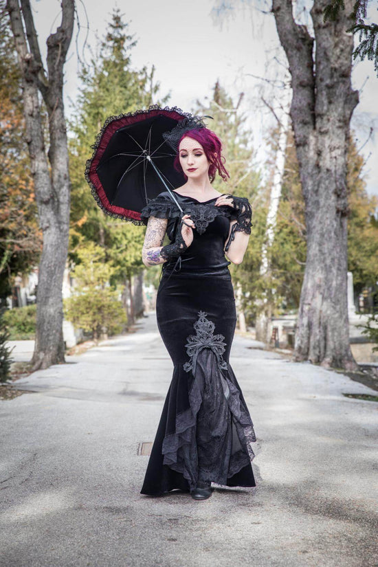Dark in Love Gothic Skirt Cordelia Black Velvet Fishtail Embroidered - QHA UK
