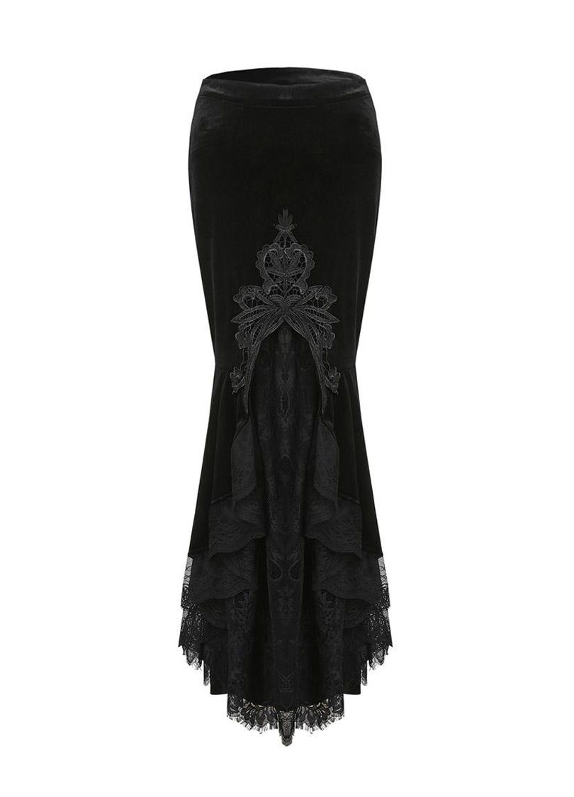 Dark in Love Gothic Skirt Cordelia Black Velvet Fishtail Embroidered - QHA UK