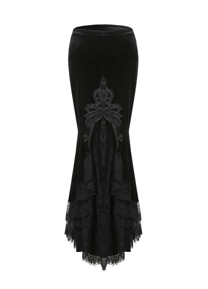 Dark in Love Gothic Skirt Cordelia Black Velvet Fishtail Embroidered - QHA UK