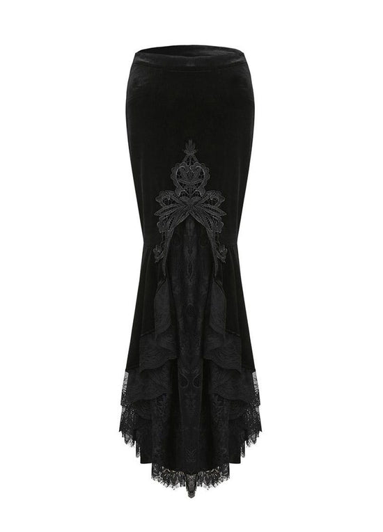 Dark in Love Gothic Skirt Cordelia Black Velvet Fishtail Embroidered - QHA UK