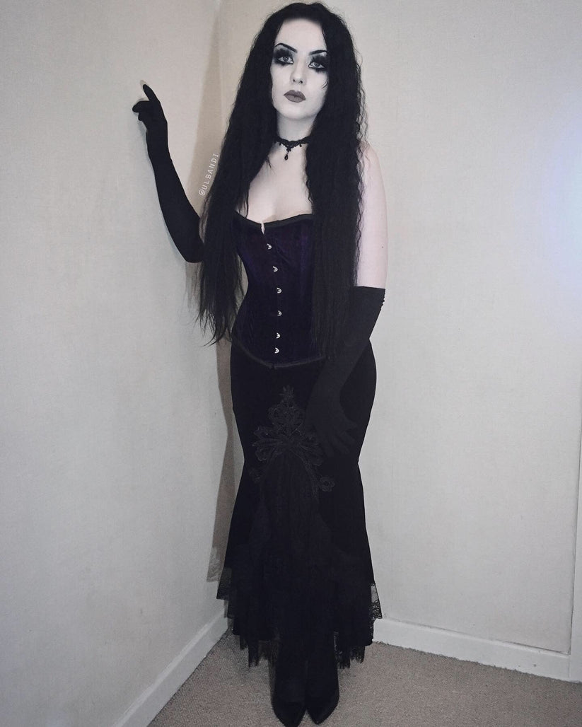 Dark in Love Gothic Skirt Cordelia Black Velvet Fishtail Embroidered - QHA UK