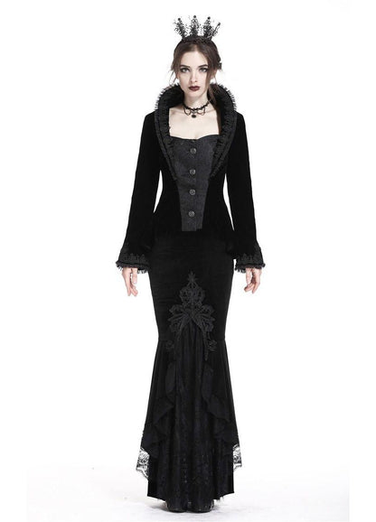 Dark in Love Gothic Skirt Cordelia Black Velvet Fishtail Embroidered - QHA UK