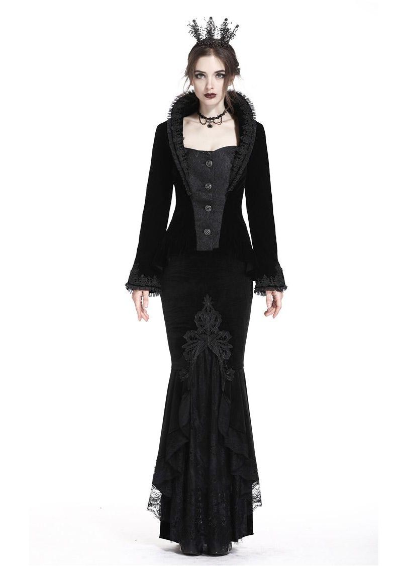 Dark in Love Gothic Skirt Cordelia Black Velvet Fishtail Embroidered - QHA UK