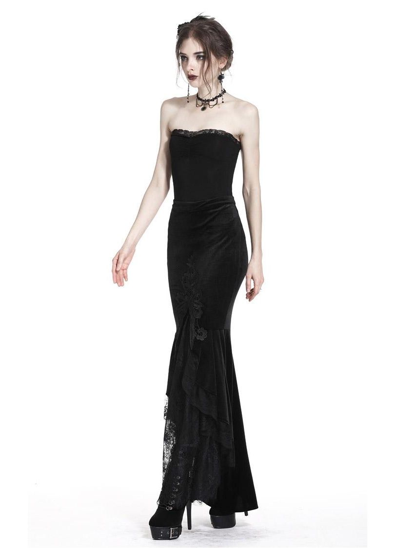 Dark in Love Gothic Skirt Cordelia Black Velvet Fishtail Embroidered - QHA UK