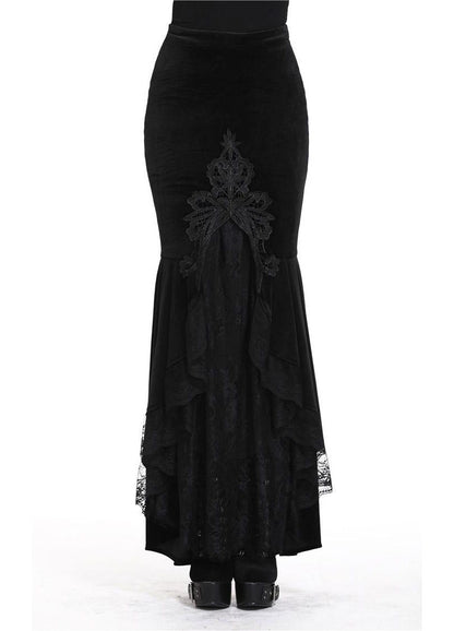 Dark in Love Gothic Skirt Cordelia Black Velvet Fishtail Embroidered - QHA UK