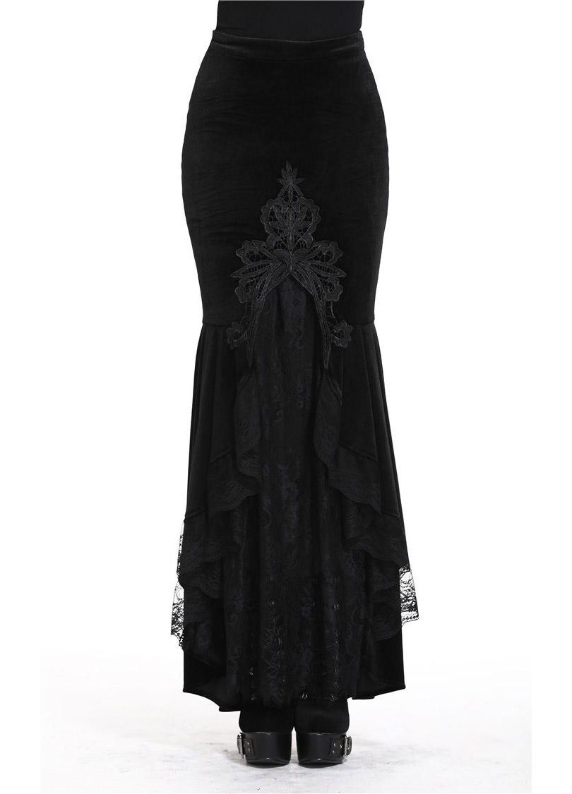 Dark in Love Gothic Skirt Cordelia Black Velvet Fishtail Embroidered - QHA UK