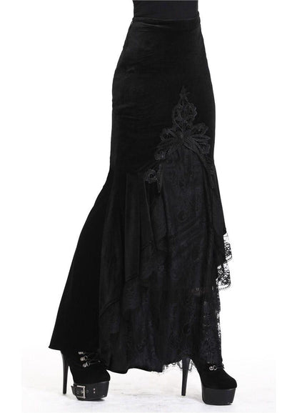 Dark in Love Gothic Skirt Cordelia Black Velvet Fishtail Embroidered - QHA UK