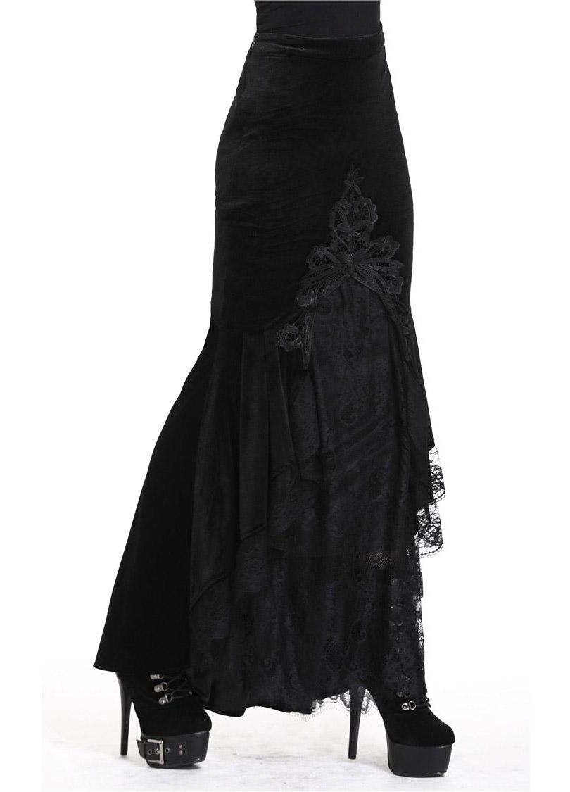 Dark in Love Gothic Skirt Cordelia Black Velvet Fishtail Embroidered - QHA UK