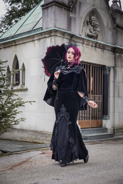 Dark in Love Gothic Skirt Cordelia Black Velvet Fishtail Embroidered - QHA UK