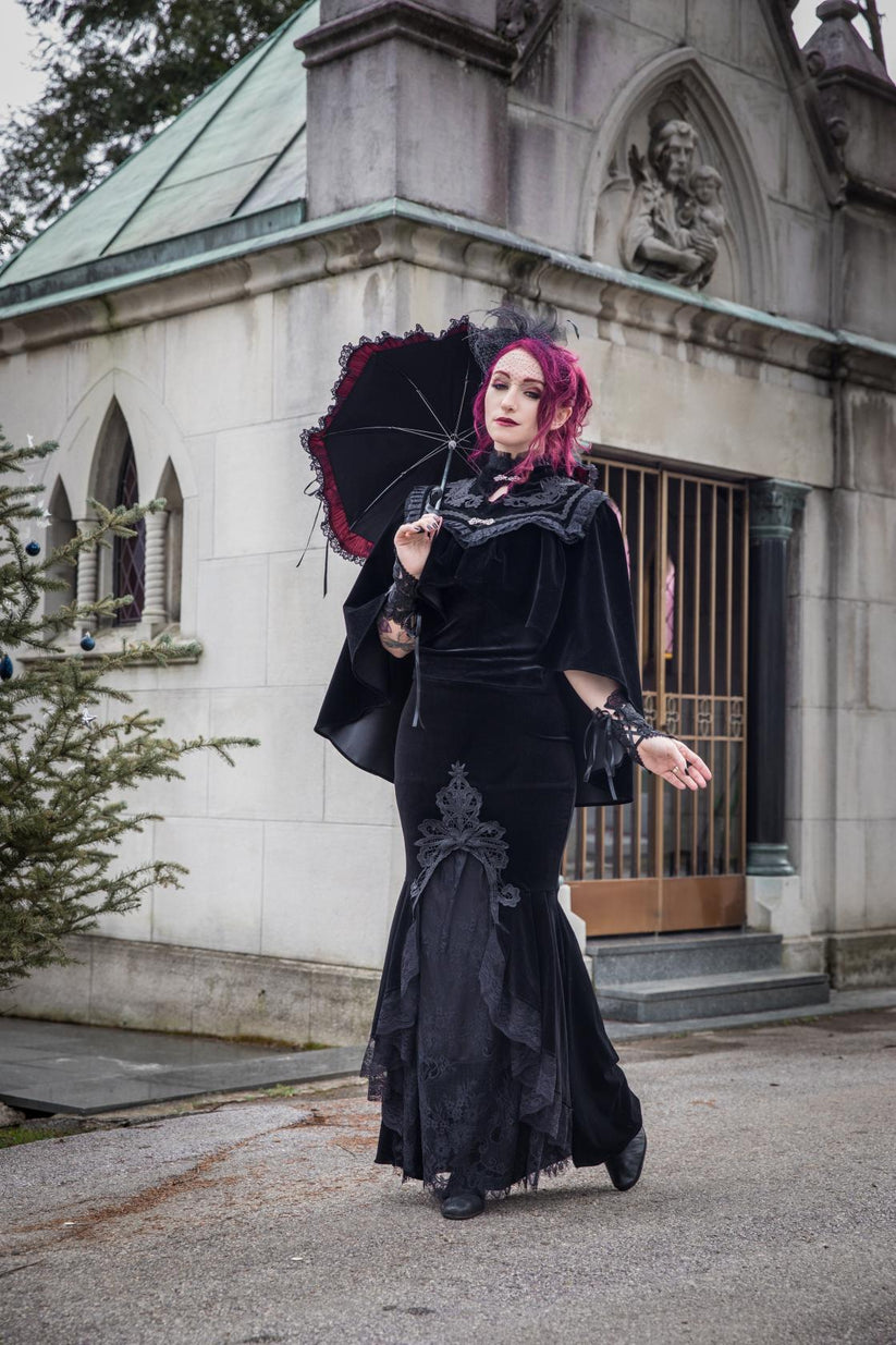 Dark in Love Gothic Skirt Cordelia Black Velvet Fishtail Embroidered - QHA UK