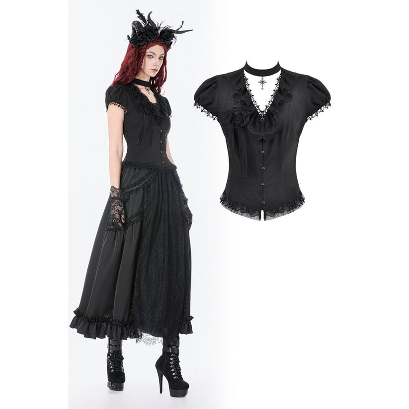 Dark in Love Women's Gothic Blouse Courtly Cross Gem UK 8-18 - QHA UK