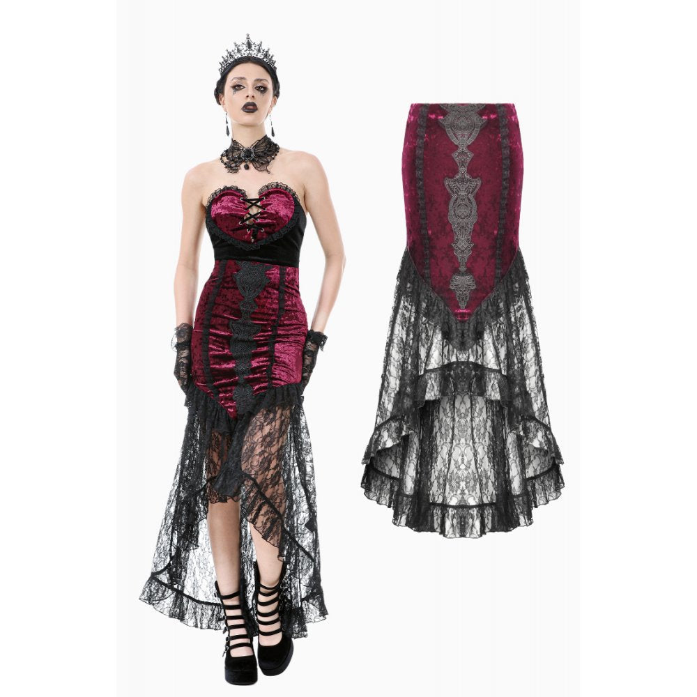 Dark in Love Gothic Skirt Crimson Queen Lace High-Low Burgundy UK 8-22 - QHA UK