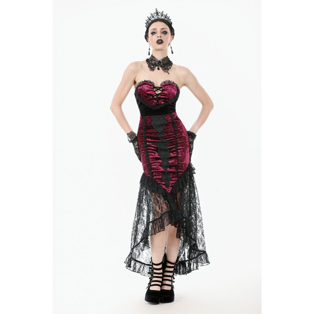 Dark in Love Gothic Skirt Crimson Queen Lace High-Low Burgundy UK 8-22 - QHA UK