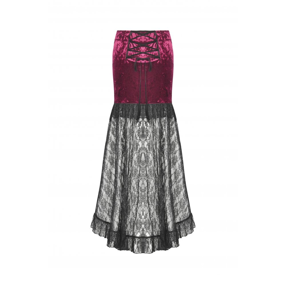 Dark in Love Gothic Skirt Crimson Queen Lace High-Low Burgundy UK 8-22 - QHA UK