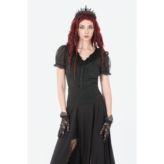 Dark in Love Gothic Skirt Dalaria High-Waist Long Lace Inset Panel - Waistband Detail - QHA UK