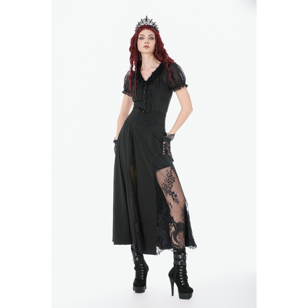 Dark in Love Gothic Skirt Dalaria High-Waist Long Lace Inset Panel - Waistband Detail - QHA UK